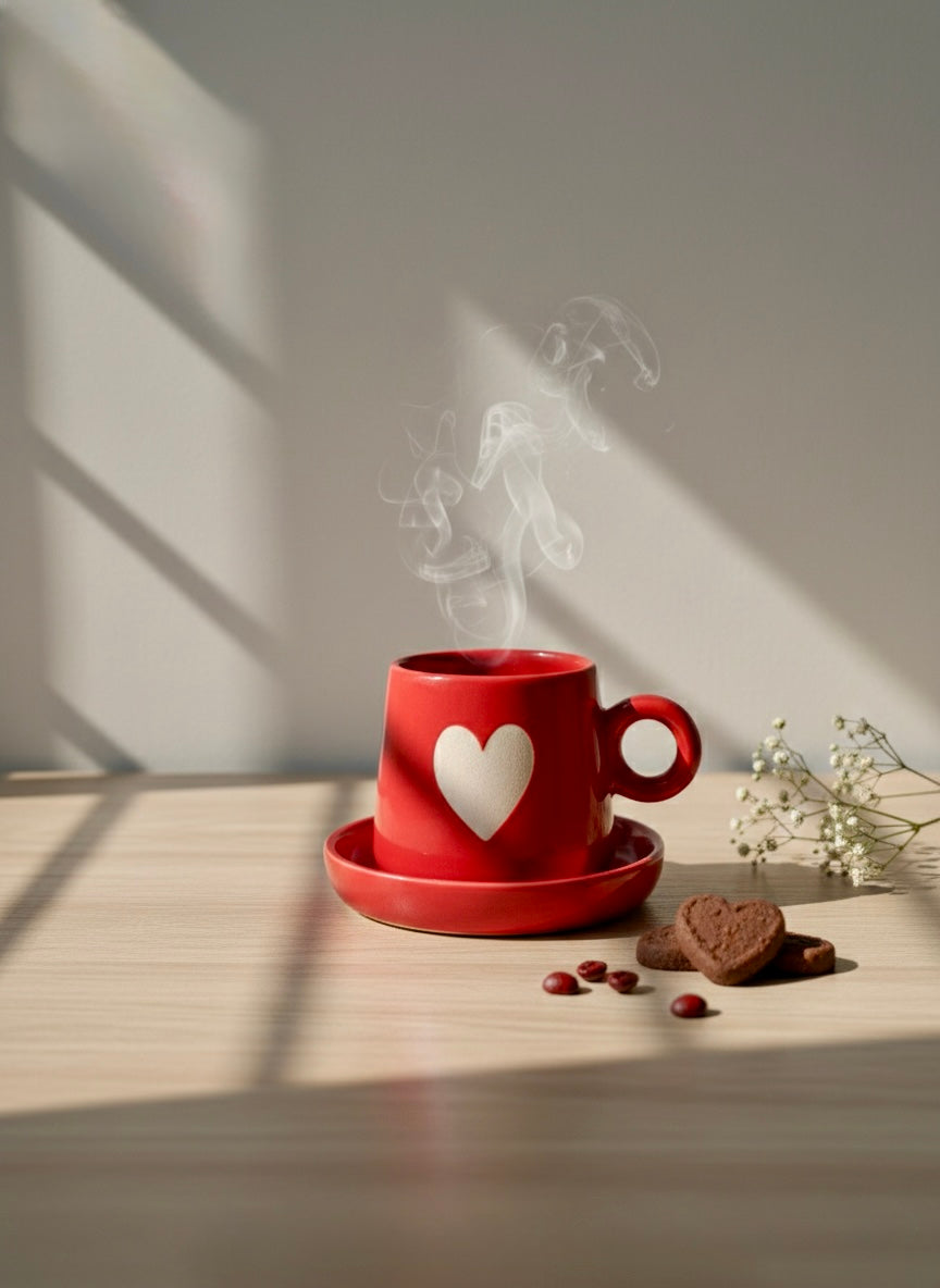 Red mug with a heart design on a saucer, surrounded by cookies and beans on a wooden surface with sunlight casting shadows.