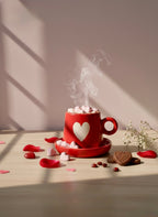 Red mug with heart design filled with hot chocolate and marshmallows, surrounded by Valentine's Day decorations on a wooden surface.