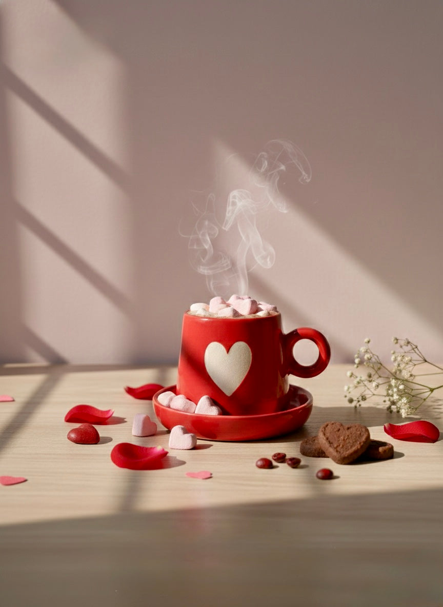 Red mug with heart design filled with hot chocolate and marshmallows, surrounded by Valentine's Day decorations on a wooden surface.