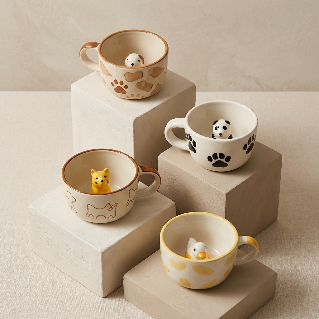Four ceramic cups with animal-themed decorations on a beige surface