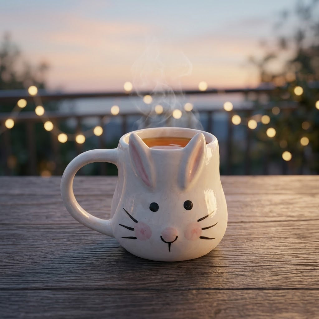 Cat-shaped mug with steam on a wooden table at sunset with string lights in the background