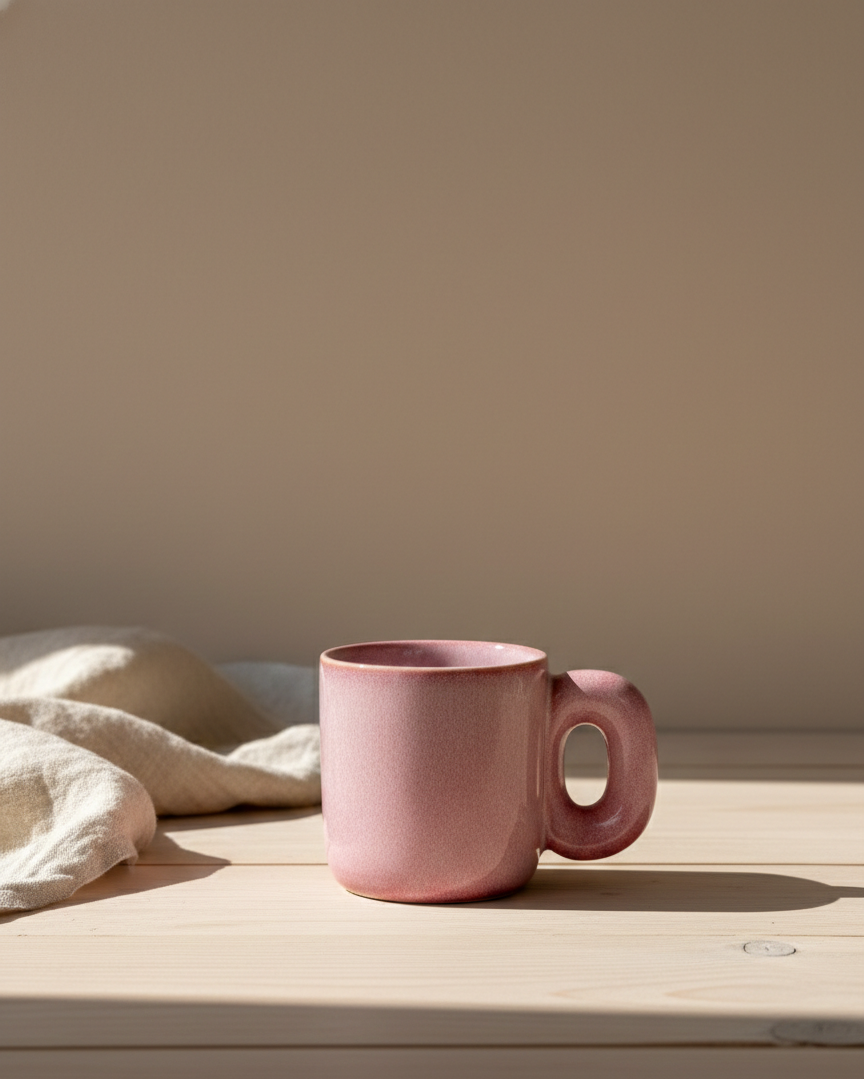 Pink ceramic mug on a wooden surface with a neutral background