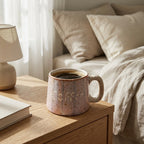Coffee mug on a wooden nightstand with a cozy bedroom setting