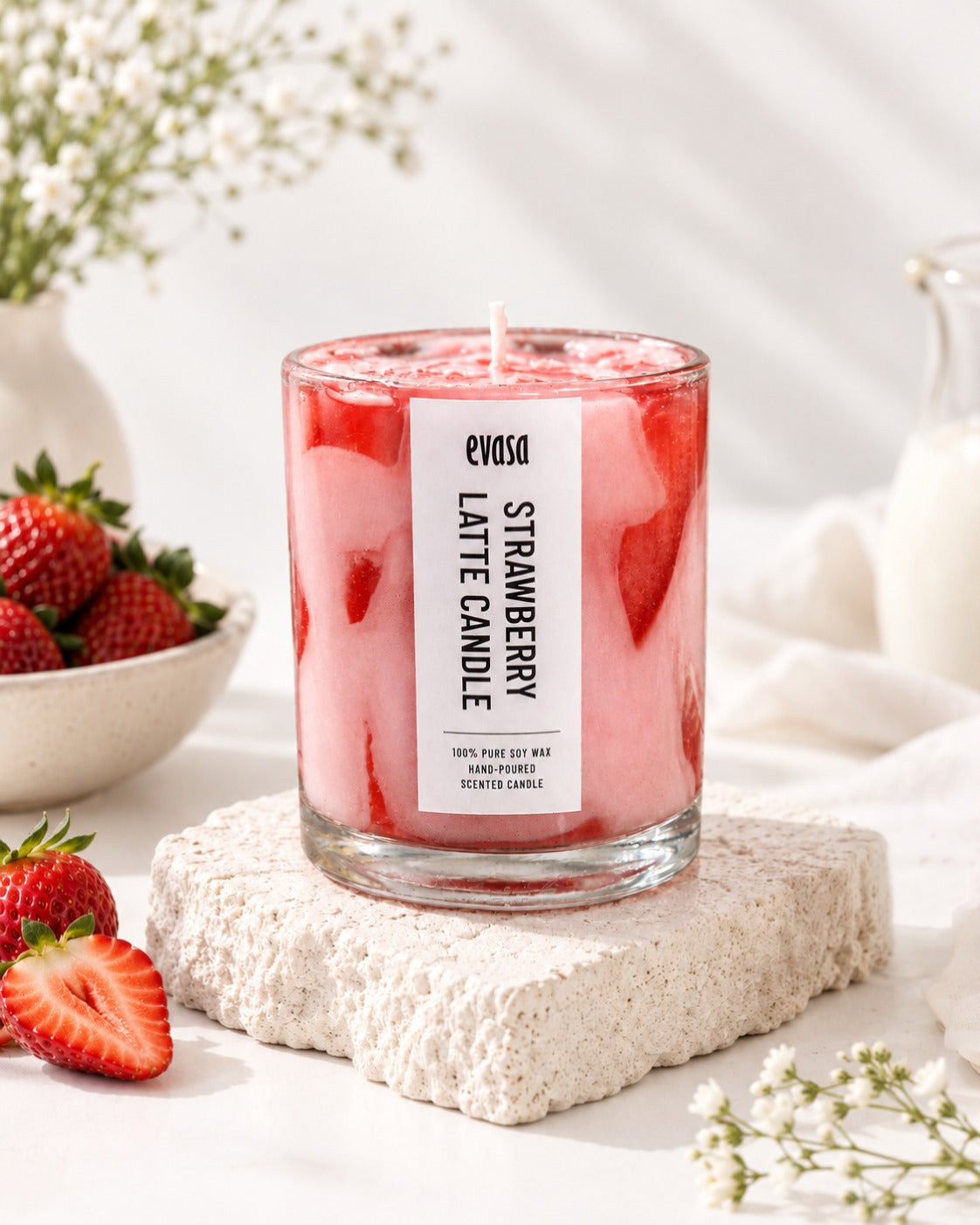 A glass jar candle filled with pink and red layered liquid resembling strawberry latte, with a white label reading 'evasa STRAWBERRY LATTE CANDLE'. The candle sits on a textured stone block with strawberries and soft floral props around it in a bright, clean setting.