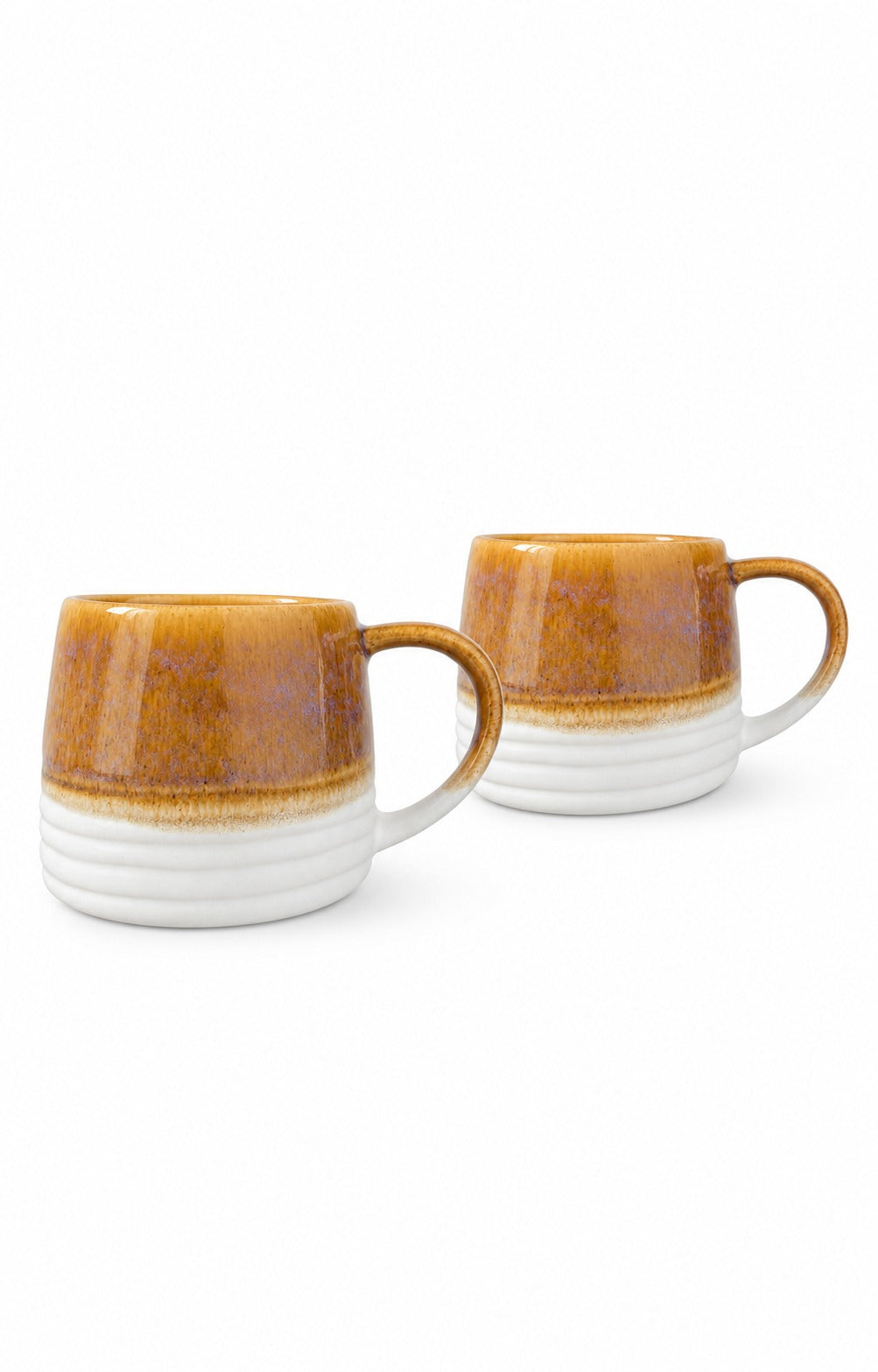 Two ceramic mugs with a brown and white horizontal two-tone design, shown on a plain white background.
