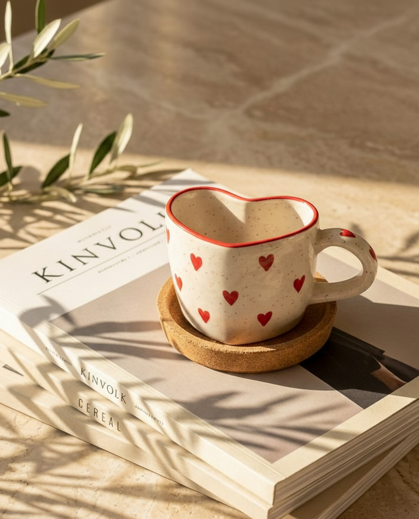 Heart-shaped ceramic mug with red hearts on a wooden coaster, placed on a book.