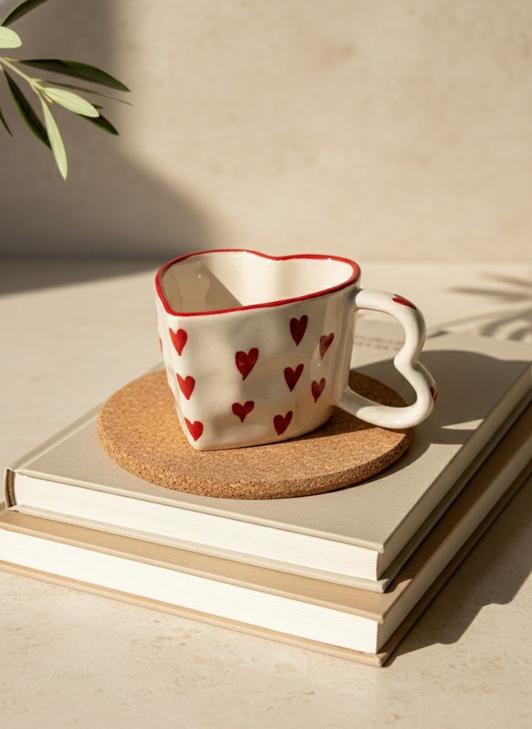 Heart-patterned mug on a stack of books with a cork coaster