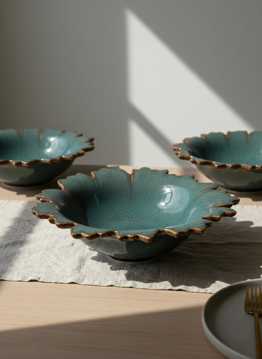 Three ceramic bowls with scalloped edges on a wooden table with a soft light background
