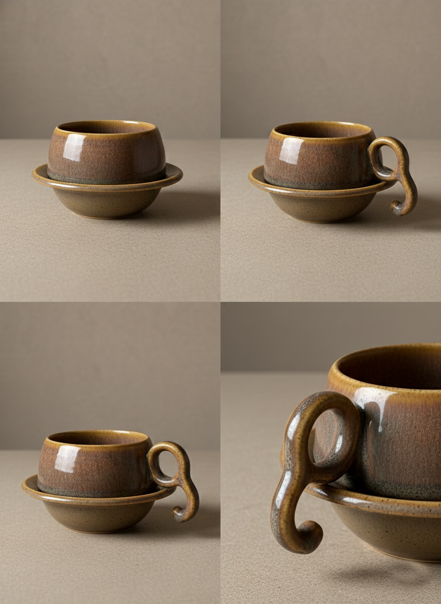 Brown ceramic cup and saucer set on a neutral background