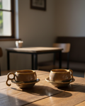 Two ceramic cups with saucers on a wooden table in a softly lit room.