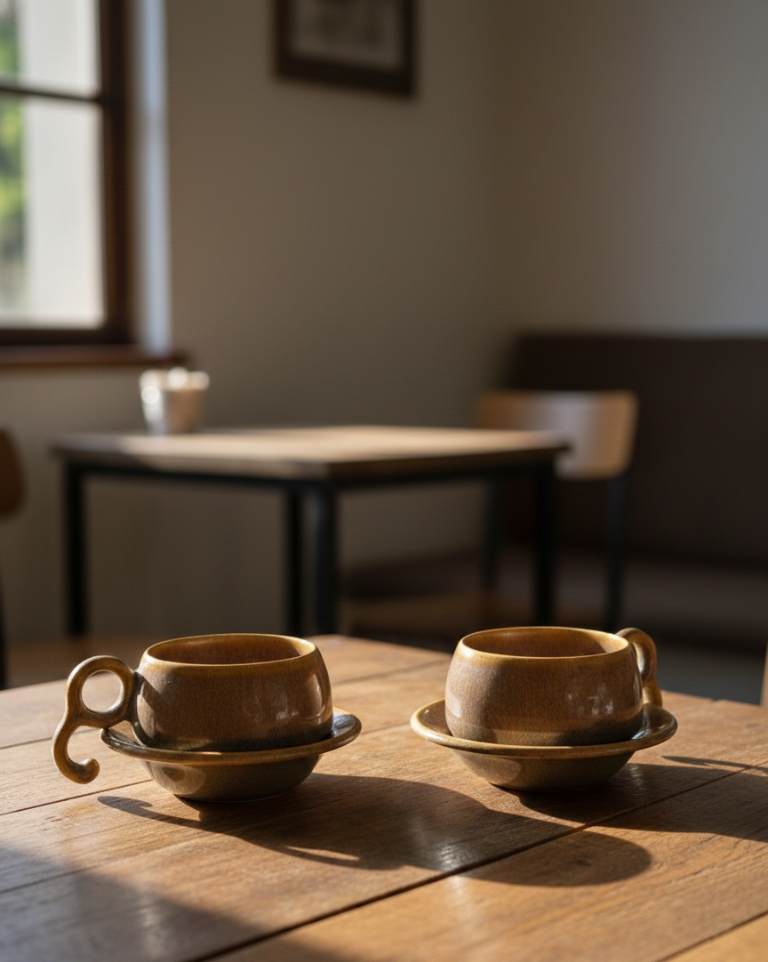 Two ceramic cups with saucers on a wooden table in a softly lit room.