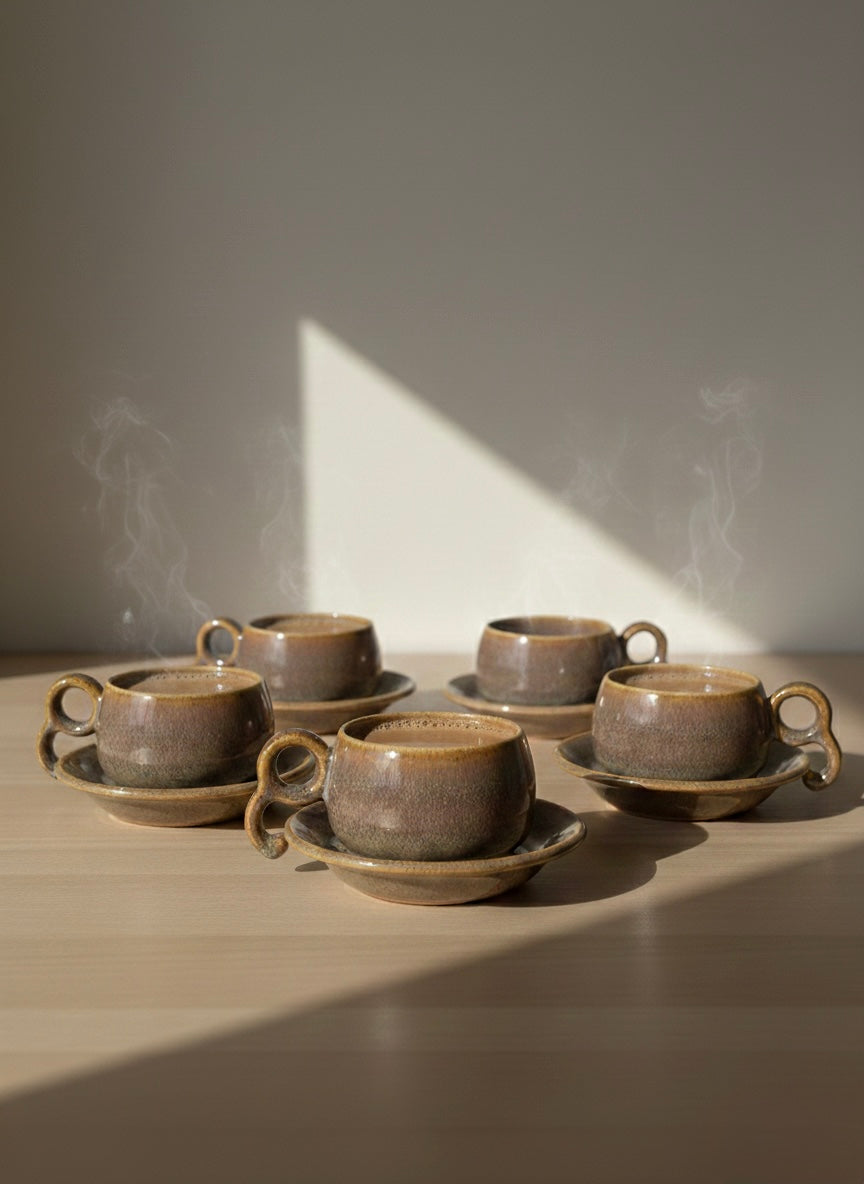 Set of six brown ceramic cups and saucers on a wooden surface with a soft shadow.