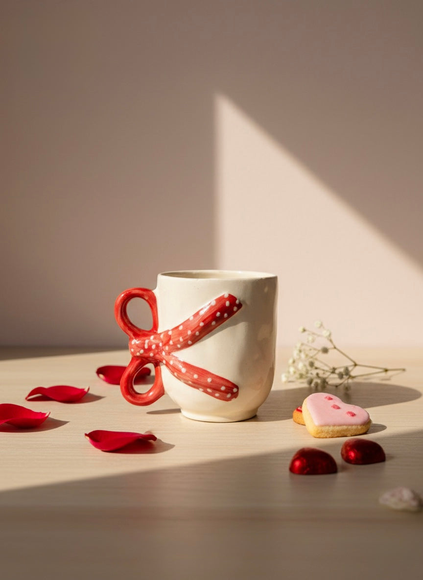 White mug with red polka dot scissors design on a wooden surface with red petals and cookies.