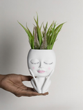 White face-shaped planter with green plants held by a hand against a light background