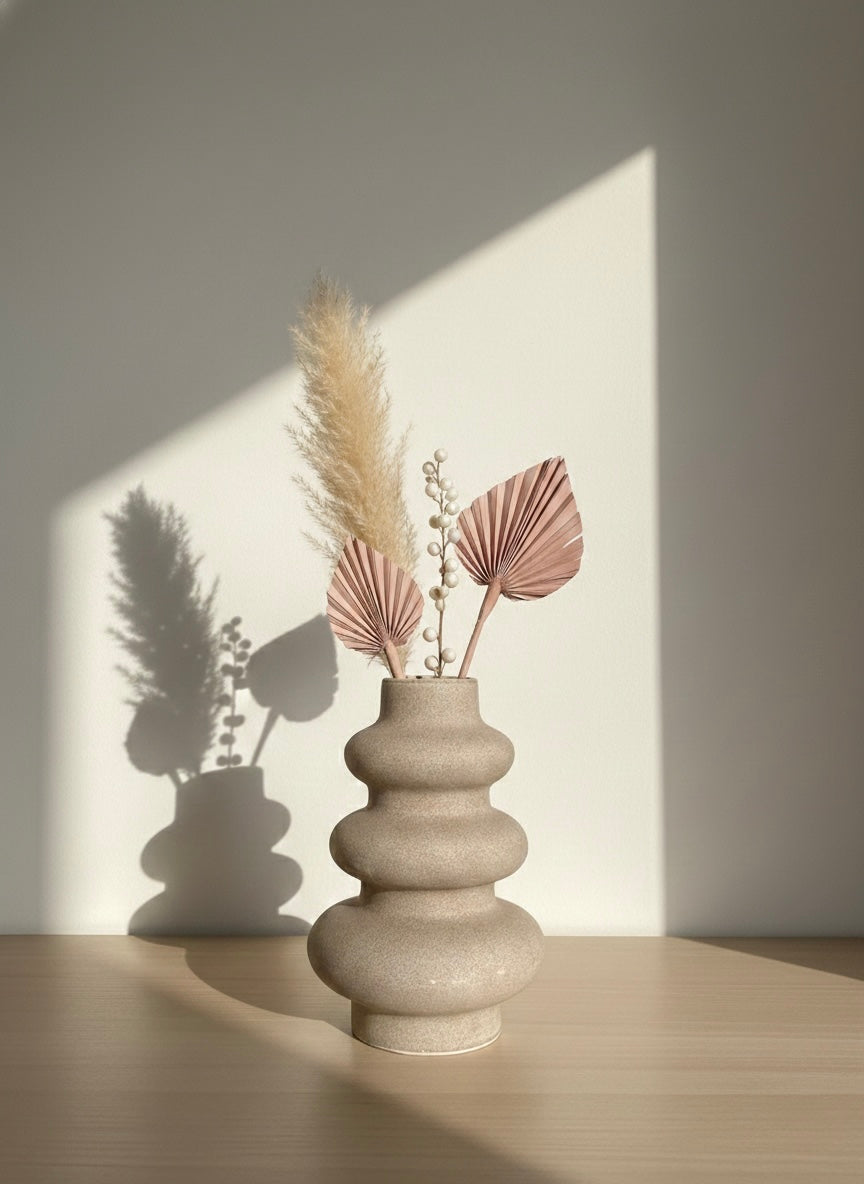 Decorative vase with dried plants on a wooden surface, casting shadows on a light wall.