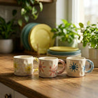 Three ceramic mugs with colorful designs on a wooden surface, surrounded by plants.
