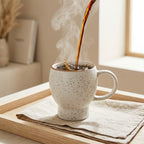 Steaming coffee being poured into a speckled ceramic mug on a wooden tray.
