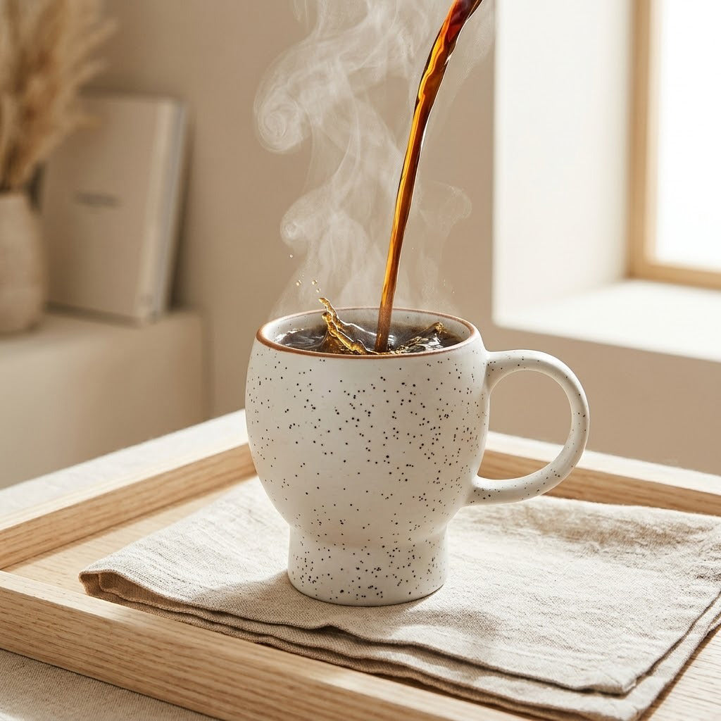Steaming coffee being poured into a speckled ceramic mug on a wooden tray.