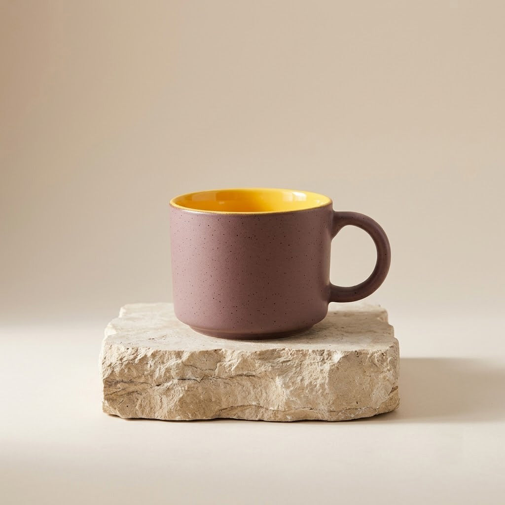Pink mug with yellow interior on a stone surface against a beige background