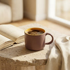 Cup of coffee on a stone surface with an open book