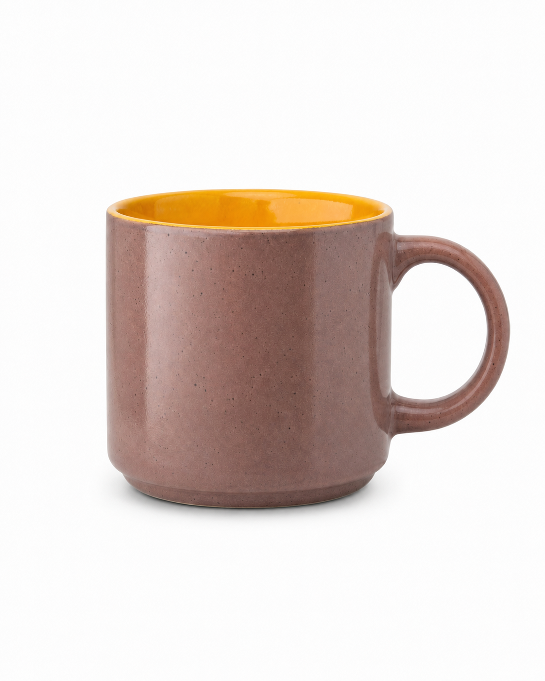 A speckled brown ceramic mug with a bright yellow-orange glazed interior, shown from a three-quarter angle on a white background.