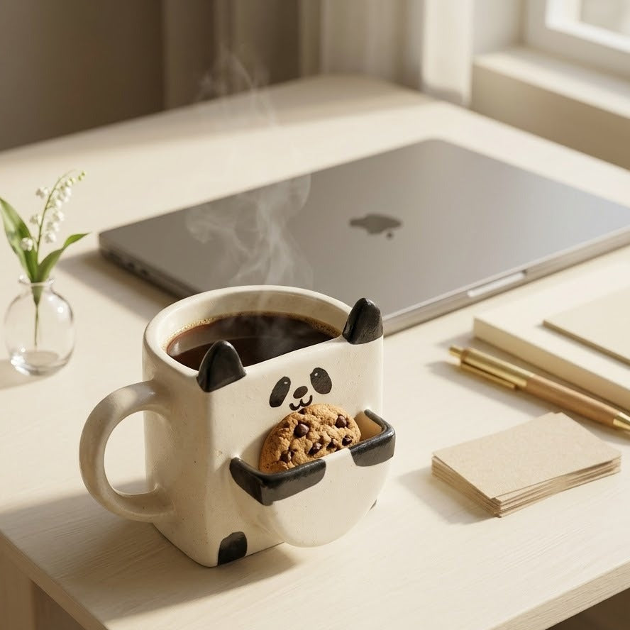 Cat-shaped mug with cookies on a desk with a laptop and stationery.