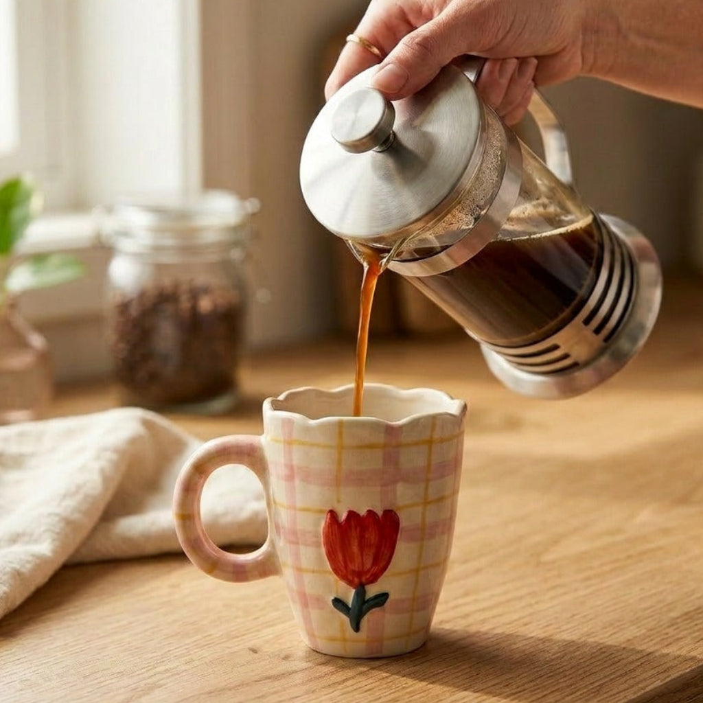 Person pouring coffee from a French press into a mug with a floral design on a wooden surface.