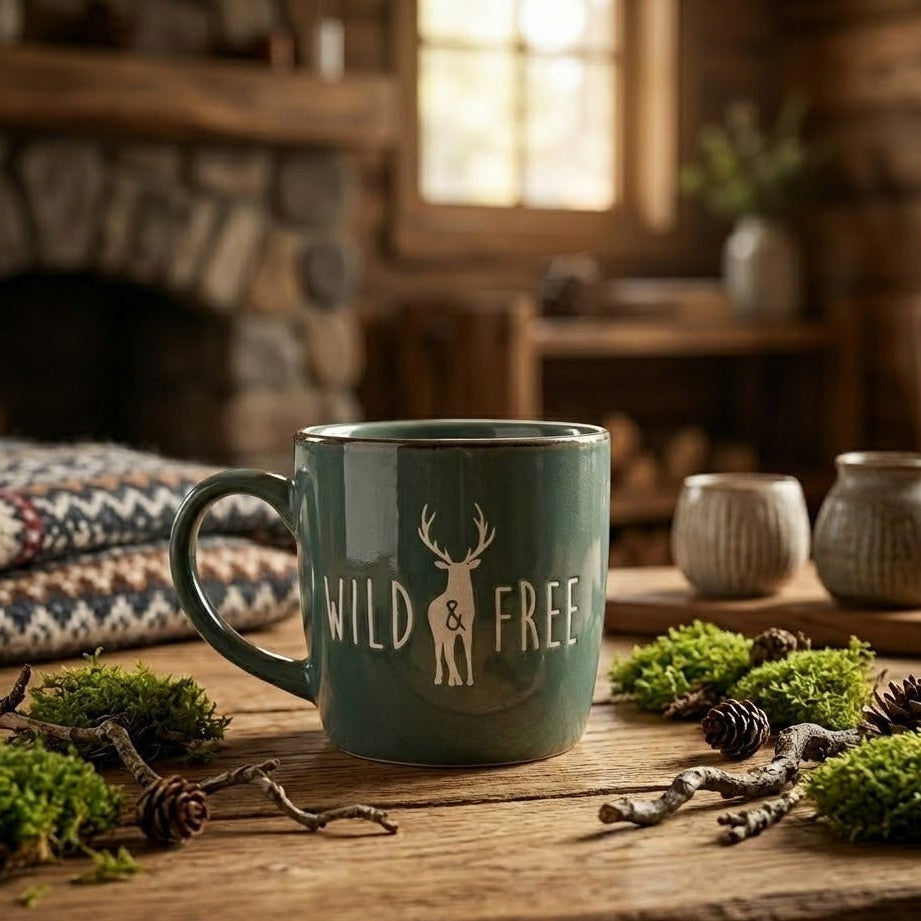 Green mug with 'Wild & Free' and deer design on a wooden table with natural elements.