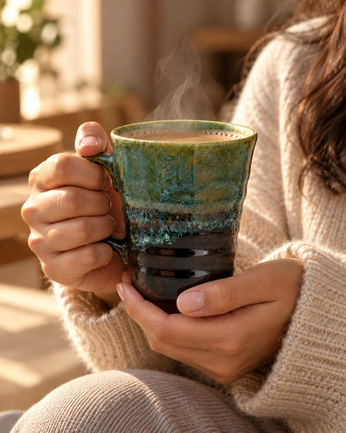 A person in a cream knit sweater holds a steaming ceramic mug with a textured green and blue glaze, set in a warm, softly blurred indoor environment.