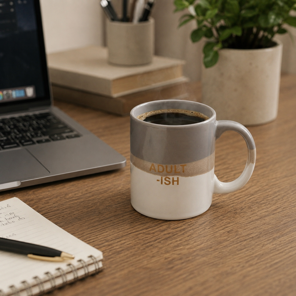 Mug with 'ADULT-ish' text on a desk with a laptop and notebook.