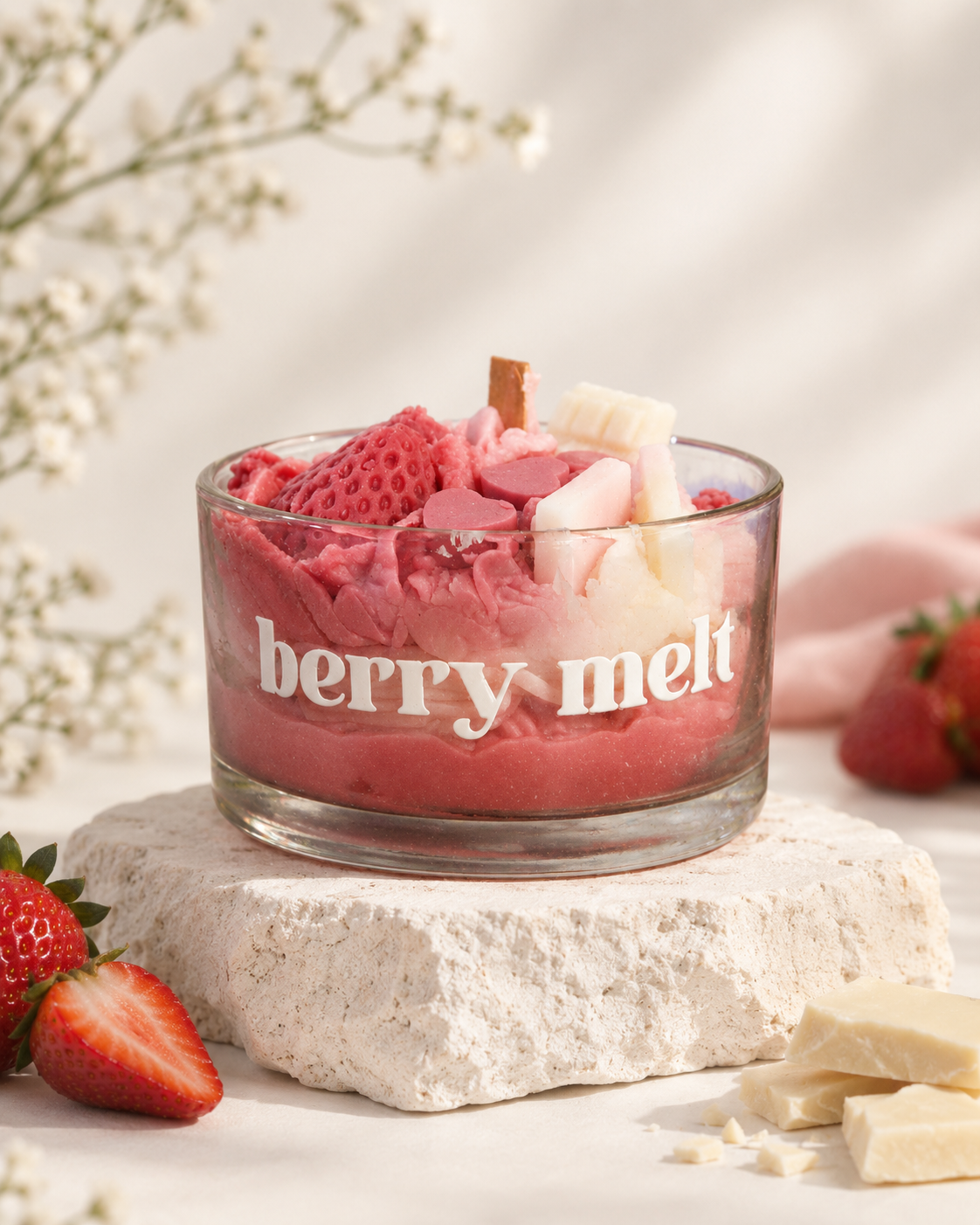 A clear glass jar labeled 'berry melt' filled with pink strawberry ice cream or gelato, topped with strawberries, white chocolate pieces, and a cinnamon stick, displayed on a light stone pedestal with strawberries and white chocolate around it.