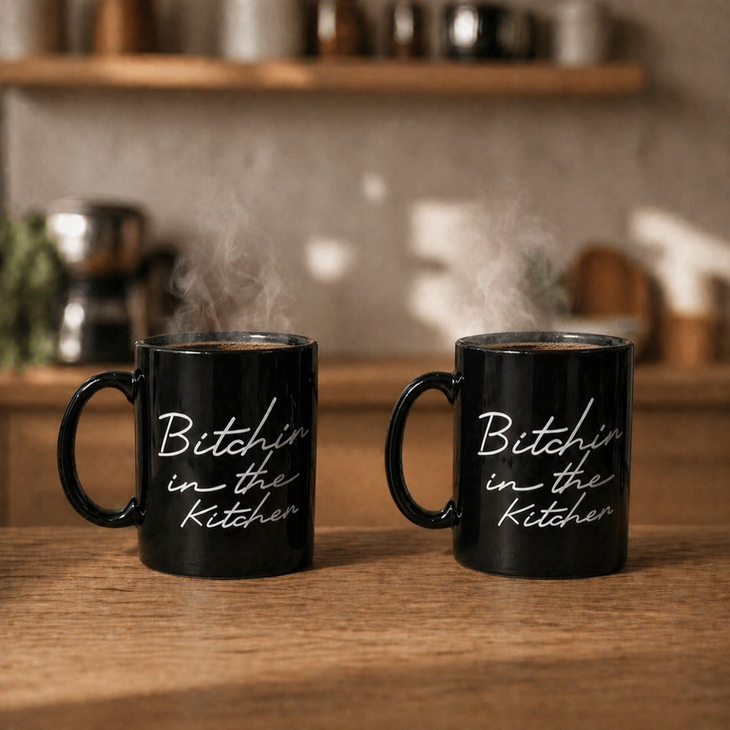 Two black mugs with 'Bitchin' in the Kitchen' text on a wooden surface in a kitchen setting.