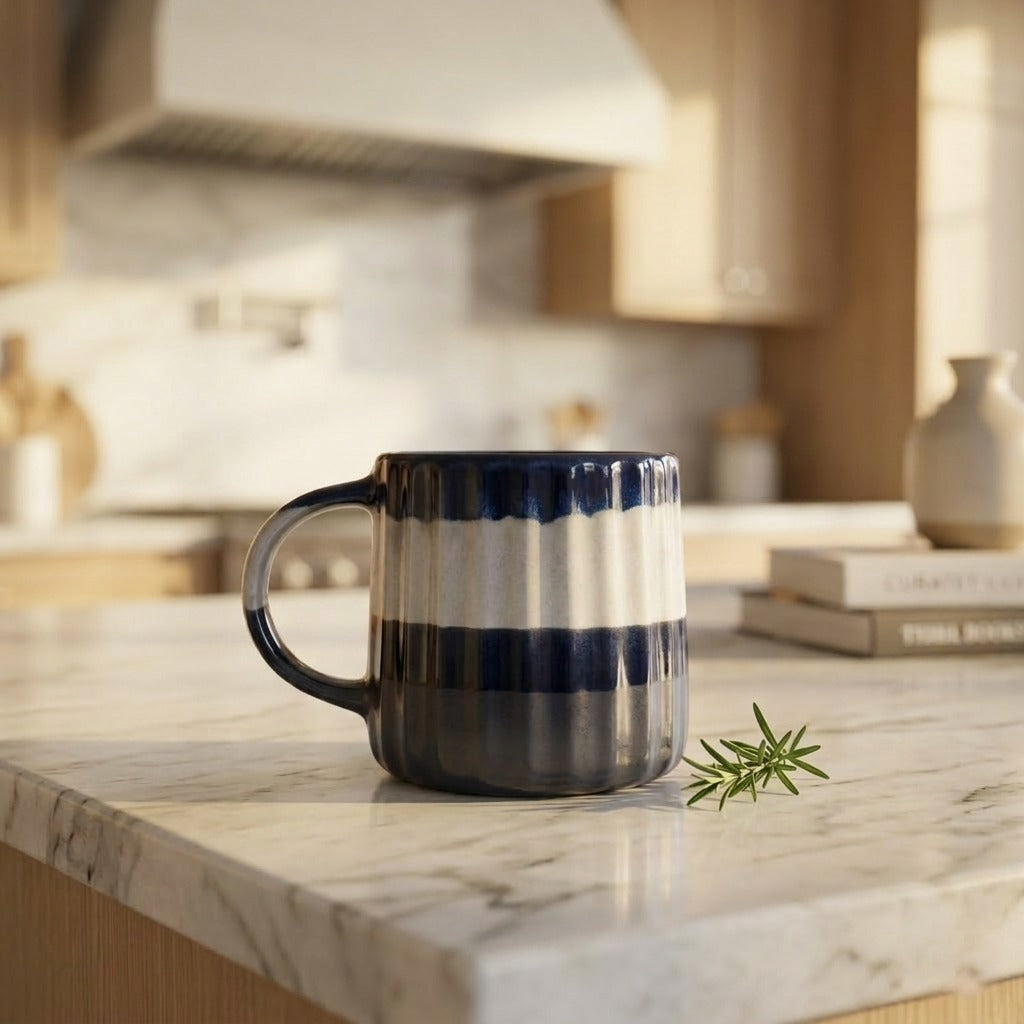 Black and white striped mug on a marble kitchen counter with a blurred background
