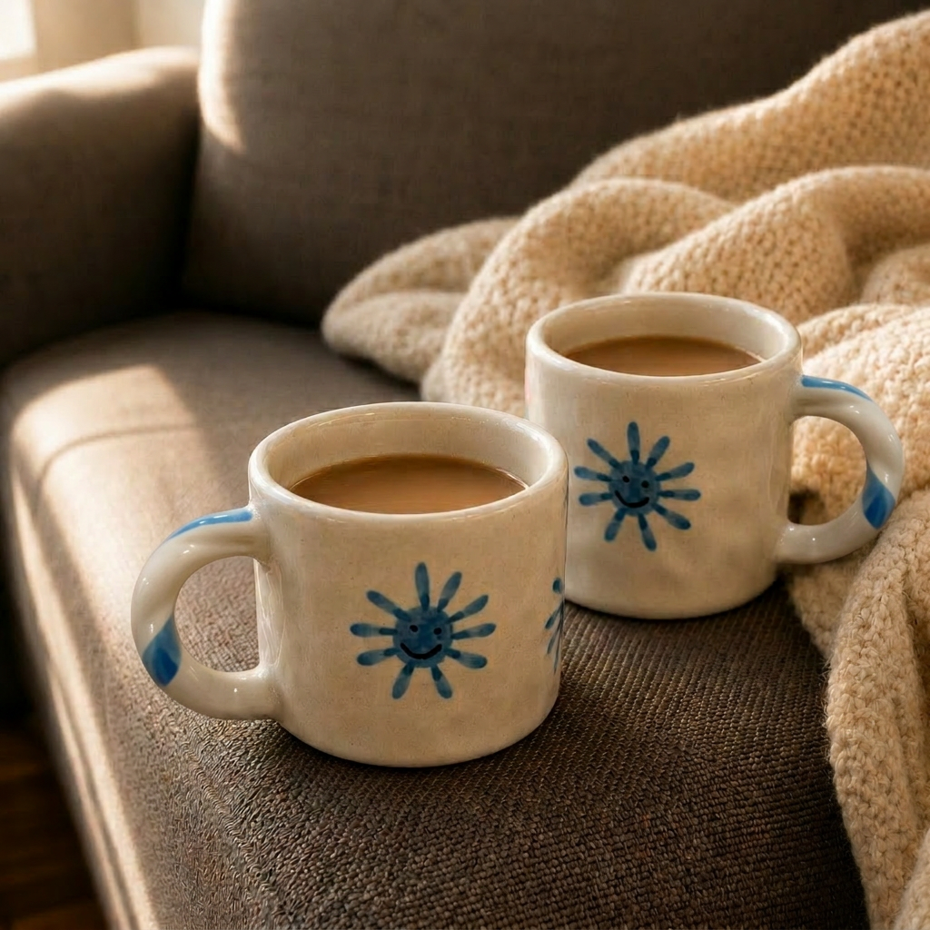 Two mugs with blue star designs on a brown couch with a beige blanket.