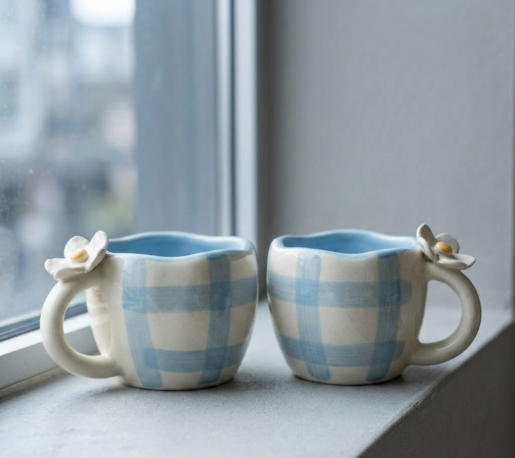Two ceramic mugs with checkered pattern and floral handles on a windowsill.