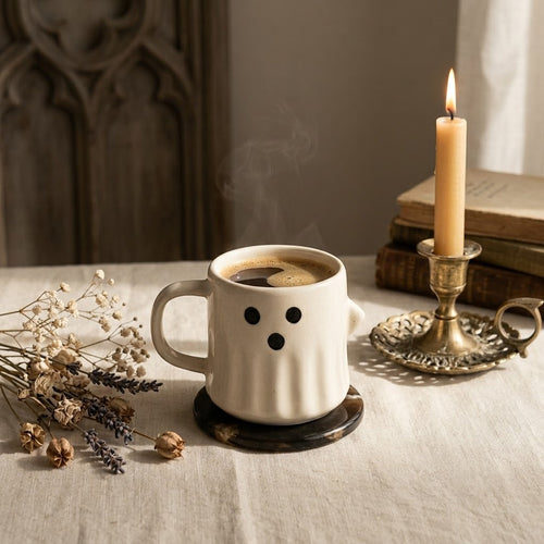 White ghost-shaped mug with steam, candle, and dried flowers on a table.