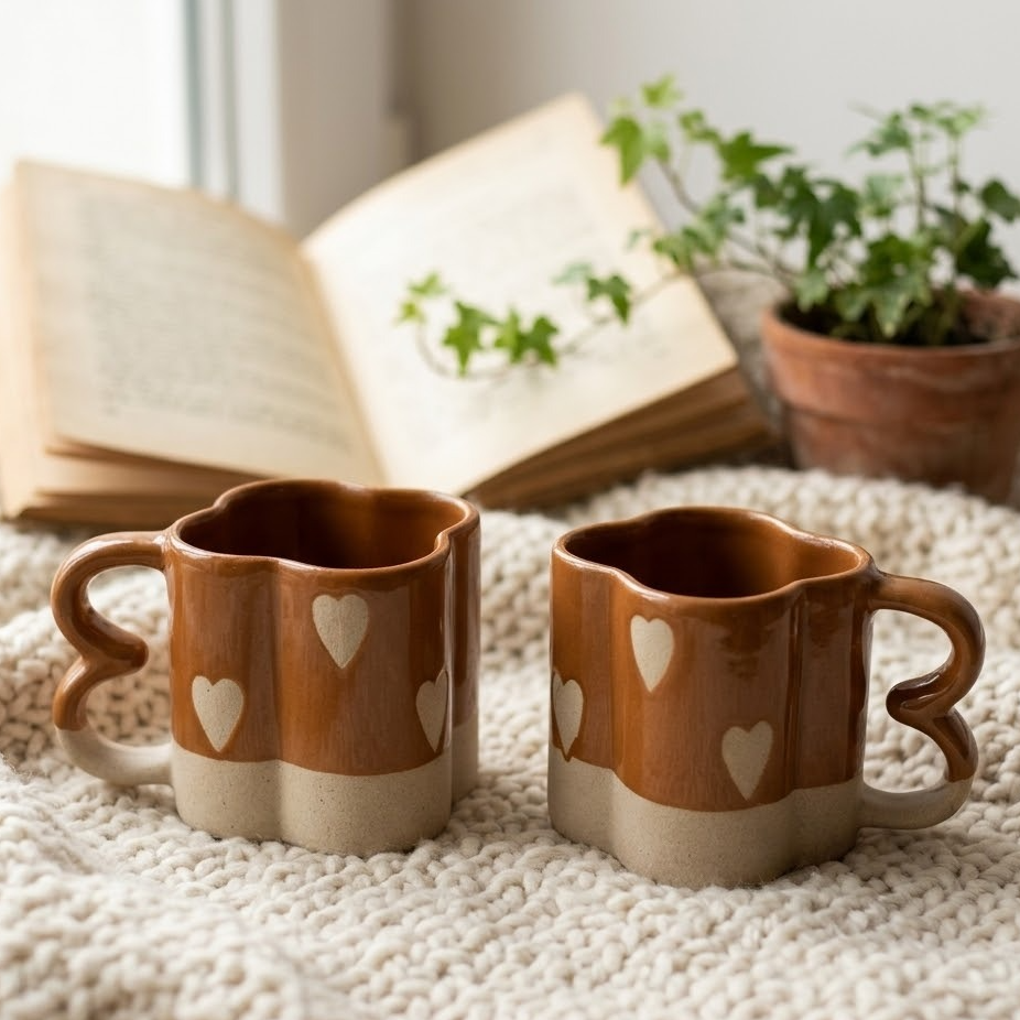 Two heart-shaped ceramic mugs with white heart patterns on a textured surface with a book and plant in the background.
