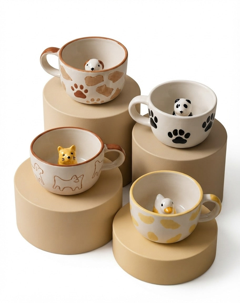 Four ceramic animal-themed mugs displayed on matching beige cylindrical pedestals against a white background. The mugs feature cute animal illustrations and paw prints in neutral tones with yellow, black, and brown accents.