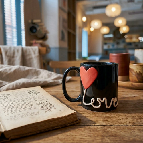 Black mug with a red heart and 'love' text on a wooden table with an open book.