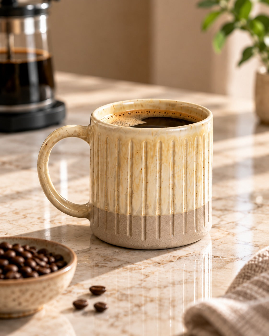 A beige ceramic coffee mug with a ribbed vertical texture and a darker brown base, filled with coffee on a marble countertop with coffee beans and a coffee press in the background.