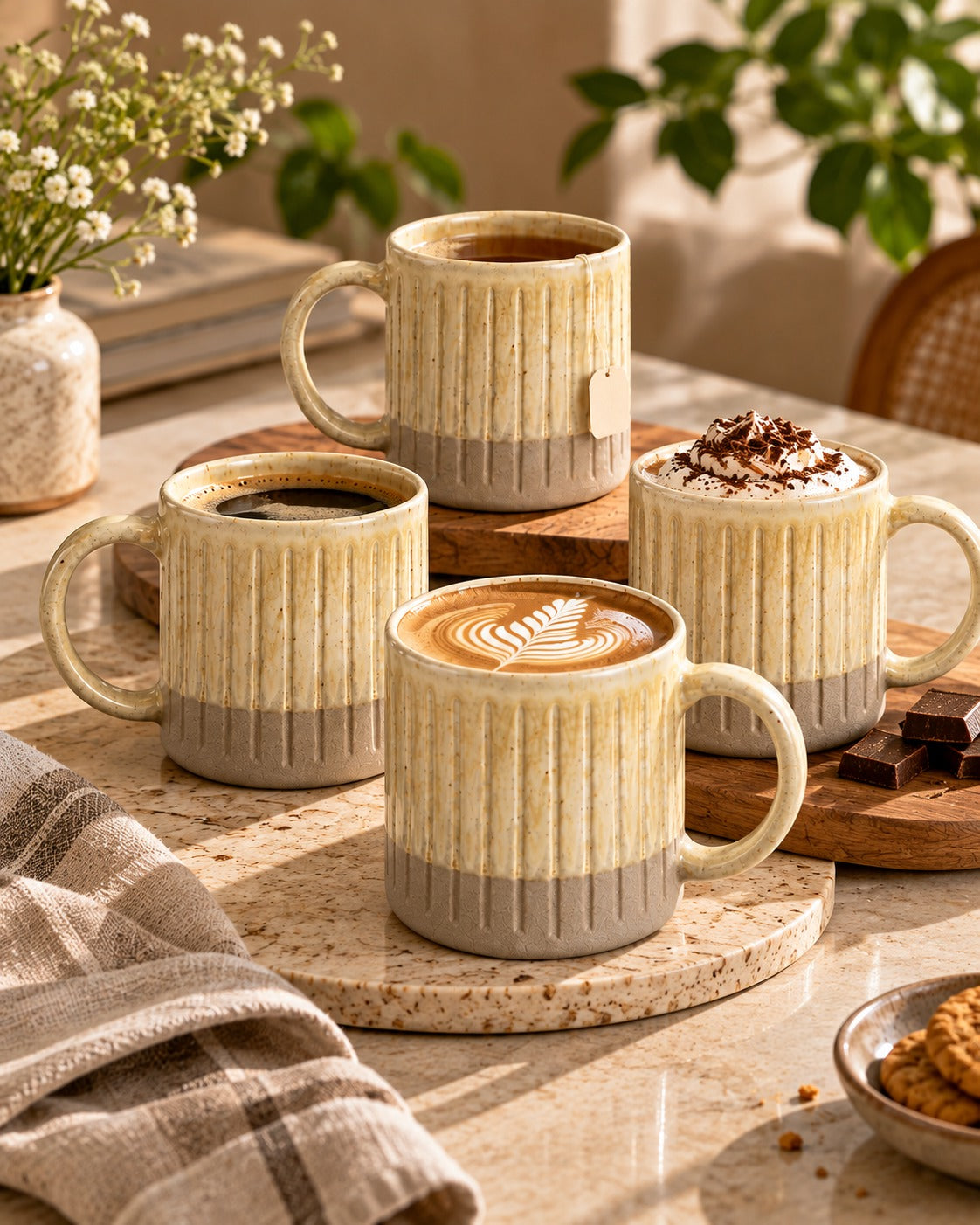 Four ribbed ceramic mugs with beige and gray lower sections, shown filled with coffee and latte drinks on a wooden tray in a warm, styled interior setting.