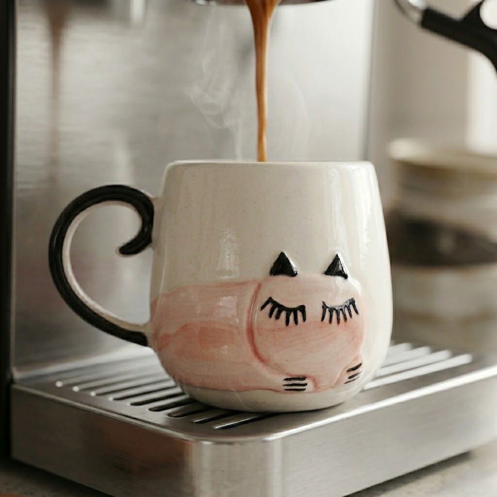 Cat-shaped mug being filled with coffee from an espresso machine.