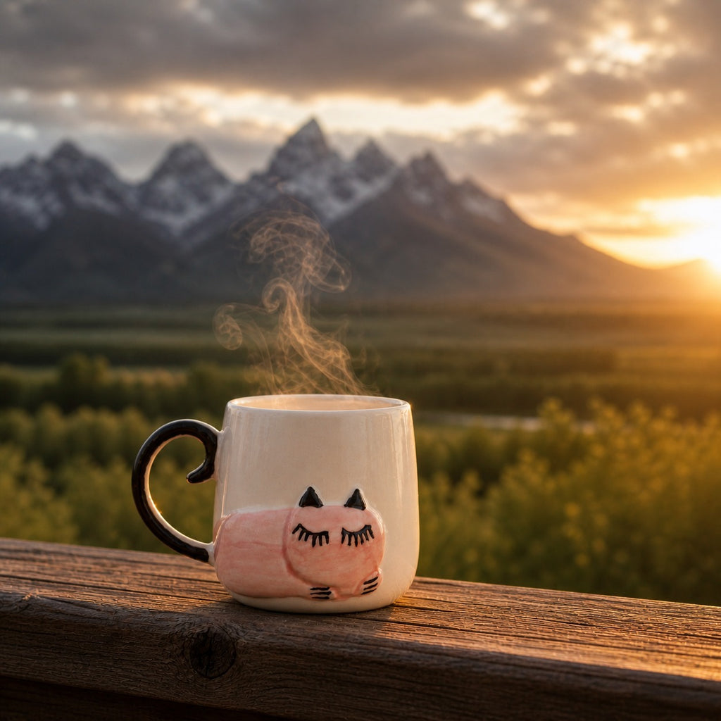 Steaming mug with a cat design on a wooden ledge against a mountainous landscape during sunset.
