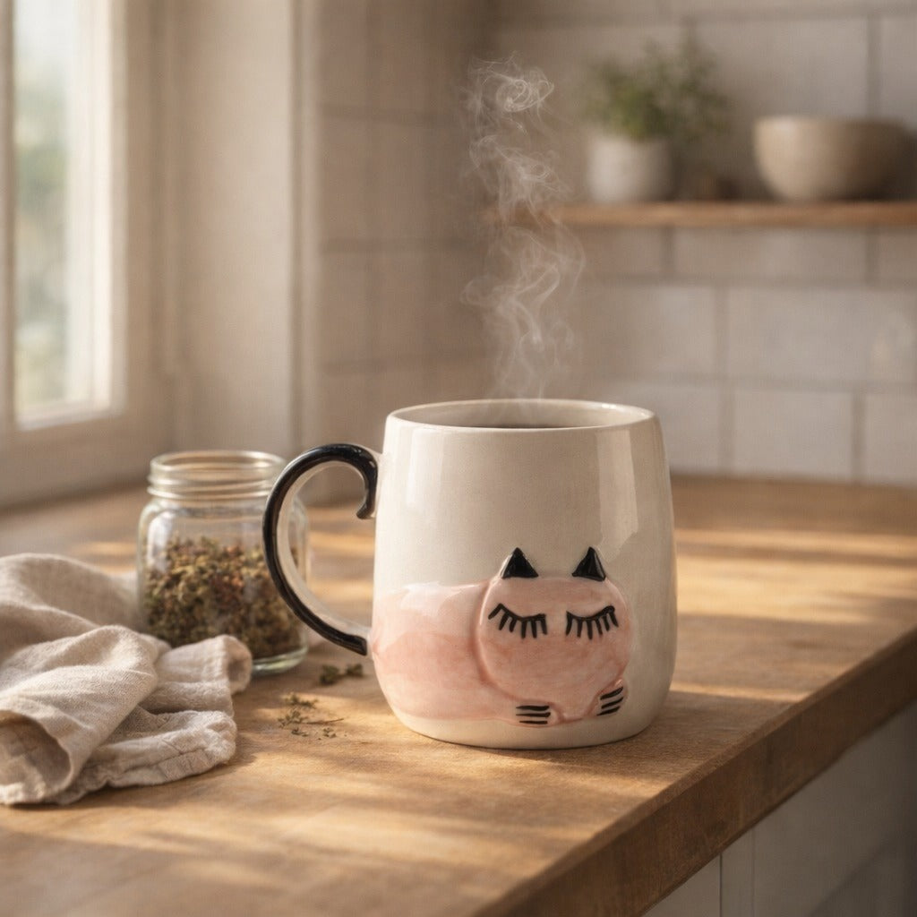 Steaming mug with a cat design on a wooden surface in a kitchen.