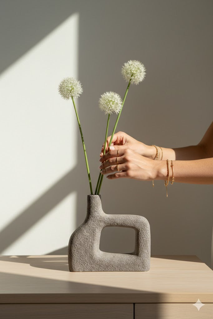 Person arranging flowers into a textured vase on a wooden surface with a neutral background
