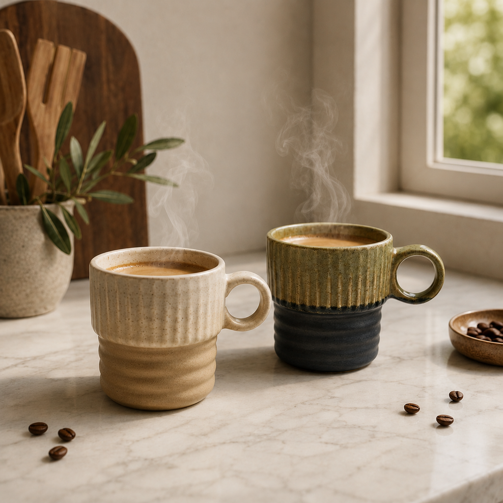 Two ceramic coffee mugs with a ribbed design sit on a marble countertop with steam rising from the coffee inside. One mug is beige and cream, and the other is olive green and dark blue.