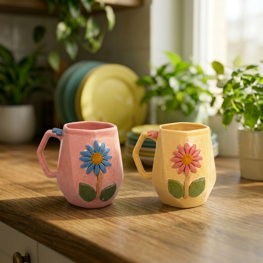 Two ceramic mugs with floral designs on a wooden surface, surrounded by plants.