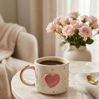 Ceramic mug with a pink heart on a marble table, accompanied by a vase of pink roses.