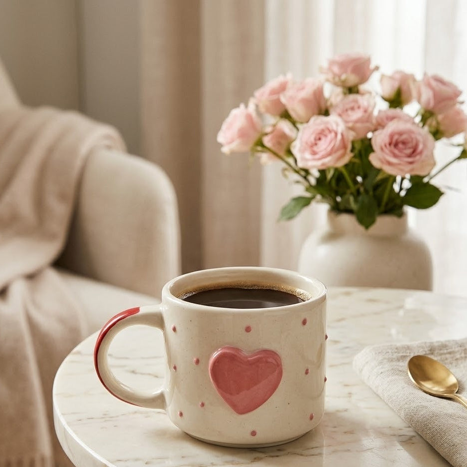 Ceramic mug with a pink heart on a marble table, accompanied by a vase of pink roses.