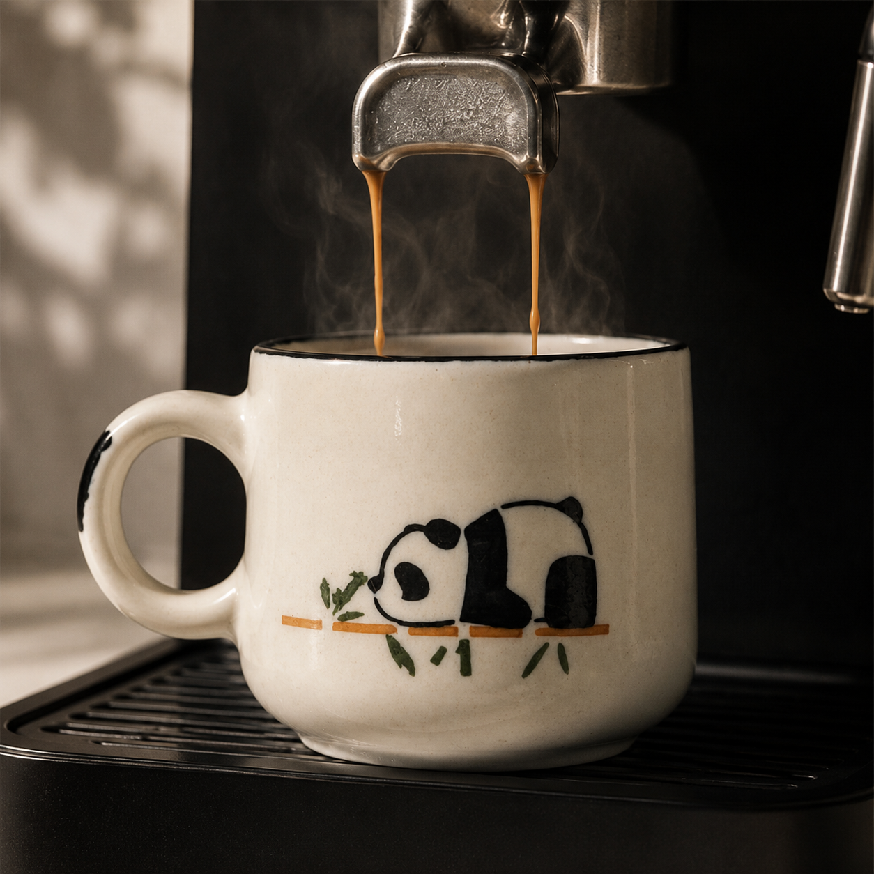 A white ceramic mug with a black panda illustration and green bamboo details, shown under a coffee dispenser with espresso pouring into it.